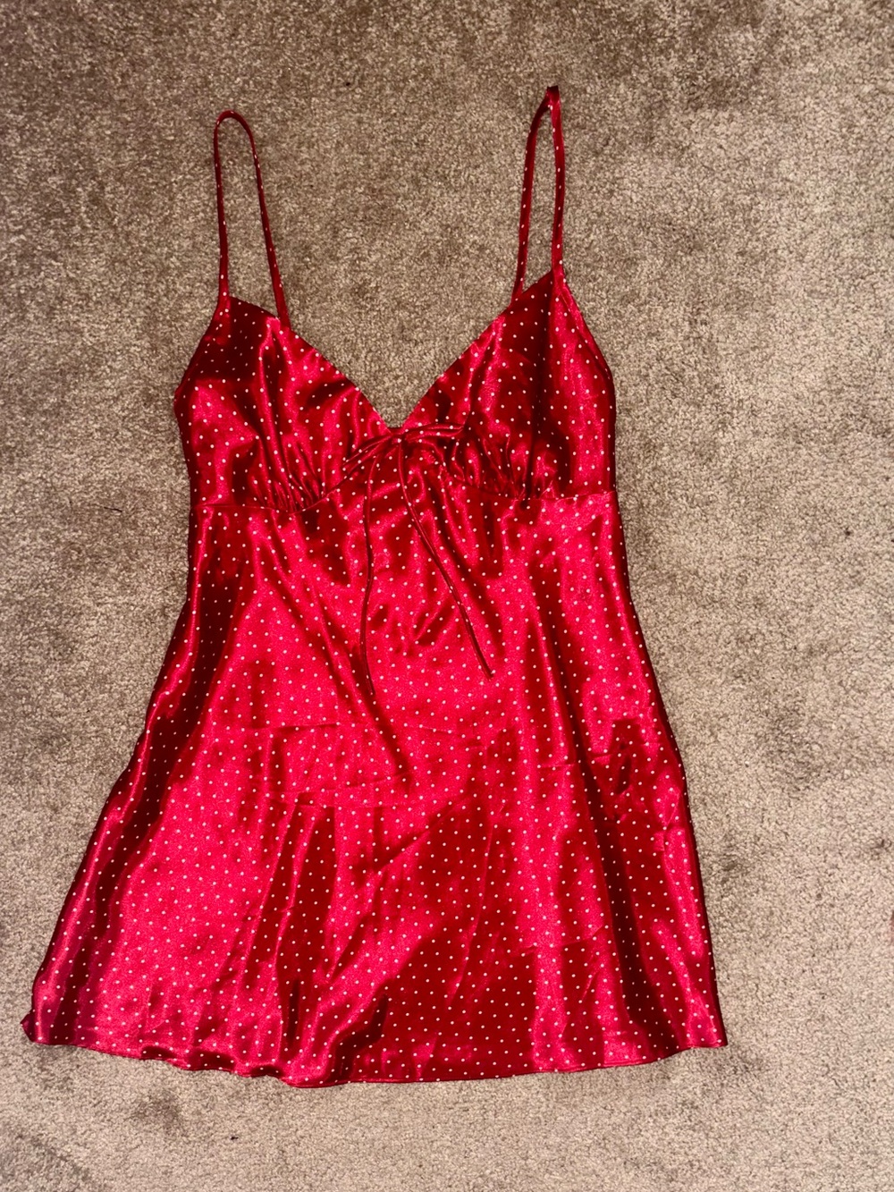 Vintage Style Red Satin Polka Dot Mini Dress Coquette Adjustable Straps Sz LG